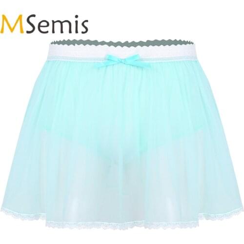 Mens Lingerie Sissy Panties Underwear Adults Elastic Lace Waist See Through Sheer Ruffled Sissy Crossdress Short Skirt Panties