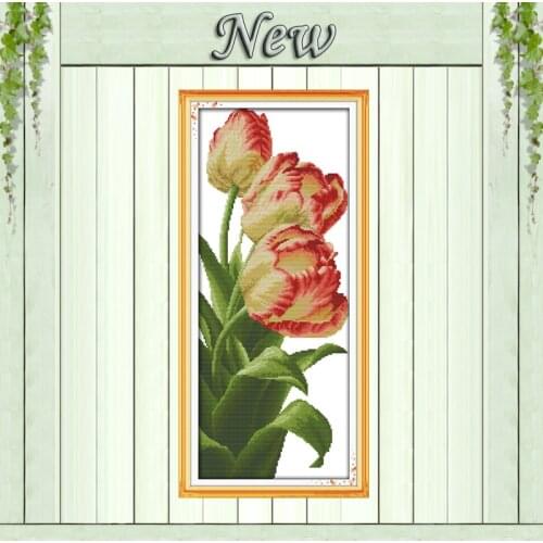 Three pink tulip flowers decor painting counted printed on canvas DMC 14CT 11CT DIY Cross Stitch Embroidery kits Needlework Sets
