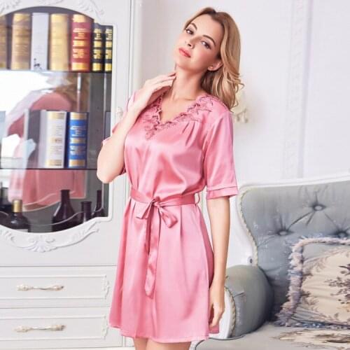 Lady Silk Nightgown Female Sexy Lace V-Neck Night Gowns Short Sleeve Embroidery Real Silk Sleepwear Summer Nightgown B-5399