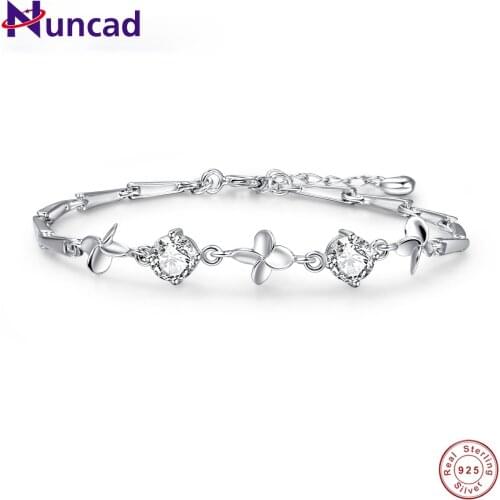 New Four-leaf Clover Round Zircon White Gold Plated Bracelets 925 Sterling Silver Bracelet for Women Wedding Party Jewelry