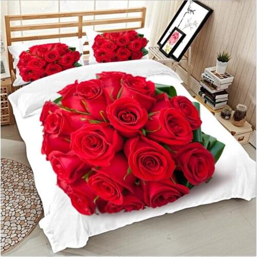 New 3D Printed Bedding Set Bedclothes Red Rose Bloom Queen/King Size Duvet Cover+Bed Sheet+2 Pillowcases