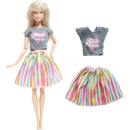 One Pcs Fashion Doll Dress Cute Gray Shirt Rainbow Skirt Daily Casual Wear Clothes for Barbie Doll Accessories Baby Kids Toys