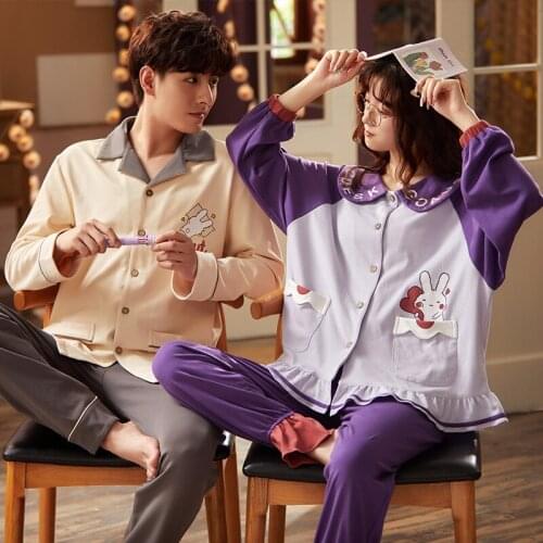 Autumn Winter Long Sleeve Couple Pajamas Male Ladies Cotton Home Clothes Cute Ruffle Sleepwear Women Cartoon Rabbit Print Pijama