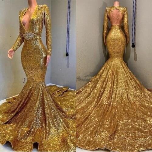 Mermaid Backless 2020 Dresses Cheap V-neck Long Sleeves Sequined Bling Bling Bead Floor Length New Wear Gowns