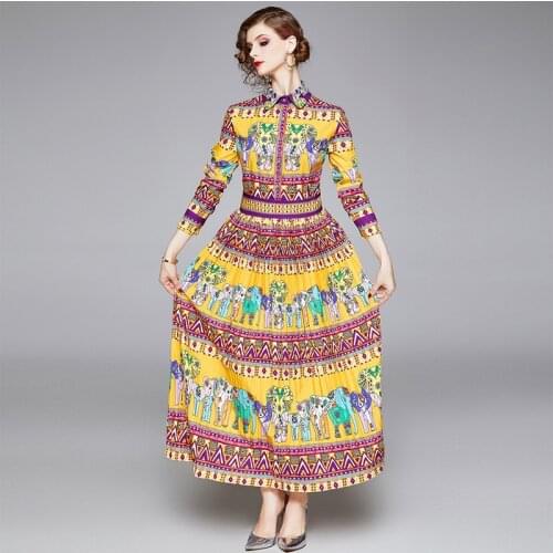 Retro Long Sleeve Pleated Dresses Acetate Vintage A-LINE Print Regular Turn-down Collar Summer Long Sleeve Big Shirt Maxi Dress