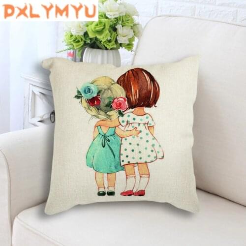 Throw Pillow Cartoon Cute Girl Printed Seat Cushion Nordic Style Linen Cotton Pillowcase 45x45cm Decorative Cushion for Sofa