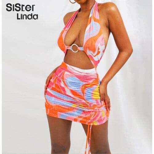 Sexy V Neck Low Chest Backless Hollow Halter Dress Women Sleeveless Tie Dye Printed Drawstring Ruched Stretchy Vacation Clubwear