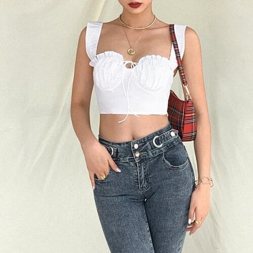 Women´s Sexy Tank Top Casual Ruffle Front Tie Backless Crop Tops Holiday Travel Work Fashion Solid Bandage Ruched Bodycon Top