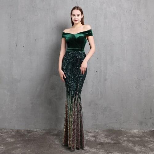 Partysix 2021 New Off Shoulder Elegant See Through Velour Evening Dress Sequin Evening Party Dress
