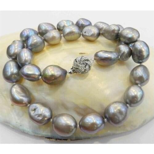 Gorgeous 12-13mm south sea baroque silver grey pearl necklace 18inch 925s KKK
