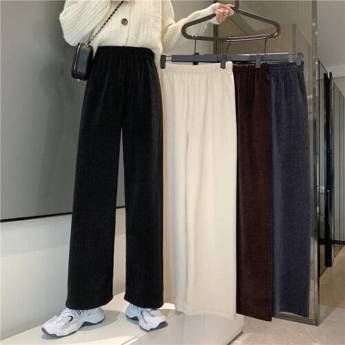 Corduroy Long Trousers Women High Elastic Waist Striped Solid Wide Leg Pants Casual Thicken Autumn Pants Apricot Long Straigh