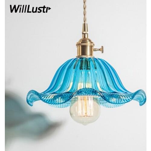 Nordic vintage crystal color pressed glass lotus leaf pendant light brass pendant lamp home dinning room hotel restaurant light