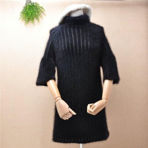 Female women long hairy fluffy mink cashmere knitted half sleeves turtleneck angora rabbit fur winter black jumper sweater dress