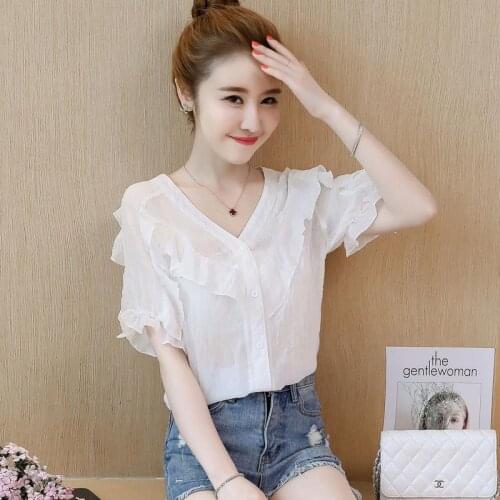 Womens Spring Summer Style Chiffon Blouses Shirt Womens Ruffles Short Sleeve Button Solid Color V-neck Elegant Tops DD8616
