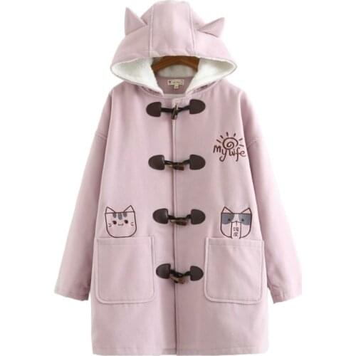 Warm Winter Hooded Jacket For Women Cartoon Cat Embroidery Woolen Pocket Coats Horn Buckle Long Coat Thick Outwear