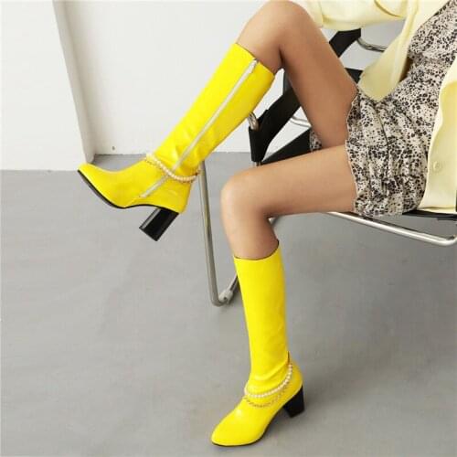 YMECHIC Fashion String Bead Chain Mid-calf Boots for Women Patent Leather Square Heel Party Shoes Autumn 2021 New Free Shipping