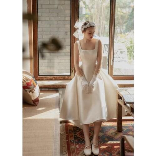 2021 New Design Square Neck Sleeveless Satin Ankle Length Bow Backless Simple Plain Wedding Dress Bride Gown Vestidos De Novia