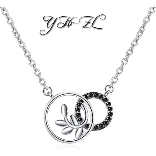 YH-ZL 925 Sterling Silver New Woman Fashion Jewelry High Quality Crystal Zircon Leaf Dual Circle Pendant Necklace Length 4