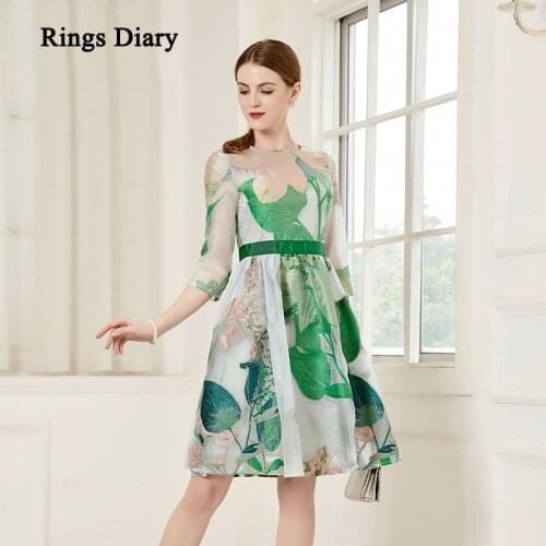 Rings Diary Women Party Dress Green Floral Resort Style Elegant Dress French Style Office Lady Dress Slim Fit Print Dress