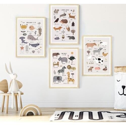 Animals Alphabet Poster Nursery Wall Art Canvas Painting Educational Preschool Prints Wall Pictures For Kid Room Home Decoration