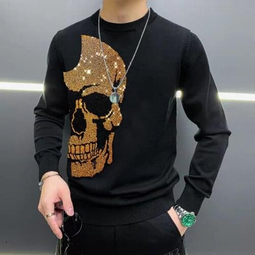 Winter Brand New Design Hot Diamond Skull Mens Sweater Fashion Casual Knitted Printed Shirt Warm O-Neck Street M-5Xl
