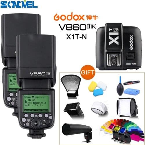 2pcs Godox V860II V860II-N GN60 i-TTL HSS 1/8000s Flash Speedlite Li-ion Battery + X1T-N Flash Transmitter for Nikon + Gift Kit