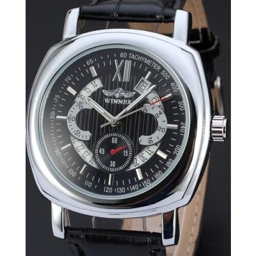 50pcs/lot winner-D93 square winner mechanical watch good quality calendar leather watch wrap casual watch man business watch