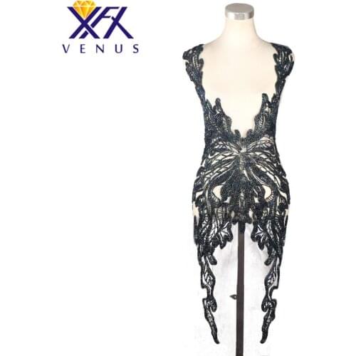 XFX VENUS Rhinestones Sequins Beads Applique sewing model applique patch Bridal Long Trim Dress Patch for Evening Prom Dress