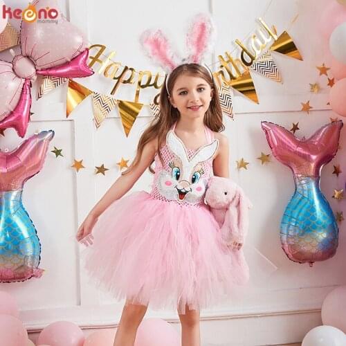 Pale Pink Bunny Rabbit Fluffy Tutu Dress with Ears Headband Girls Birthday Party Easter Holiday Costume Kids Halloween Outfit