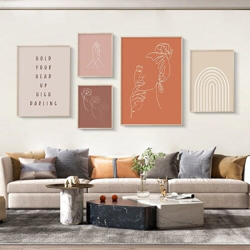 Simple Nordic Morandi color abstract lines beauty flowers quintuplet decorative picture printing living room porch