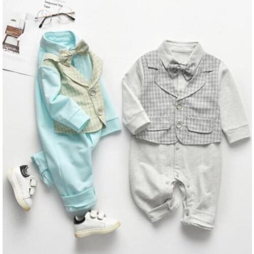 Spring Autumn Newborn Kids Boys Grid Gentleman Fake Two Piece Jumpsuits Clothes Baby Boys Long Sleeve Rompers Children Rompers