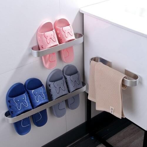 Bathroom Towel Holder Space Aluminum Wall Mounted Towel Bar Organizer Waterproof Punch-free Bathroom Slippers Storage Shelf