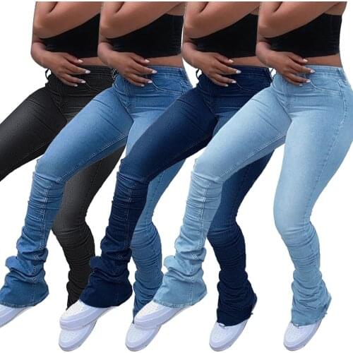 European and American jeans Womens Solid Color Slim Pile Jeans