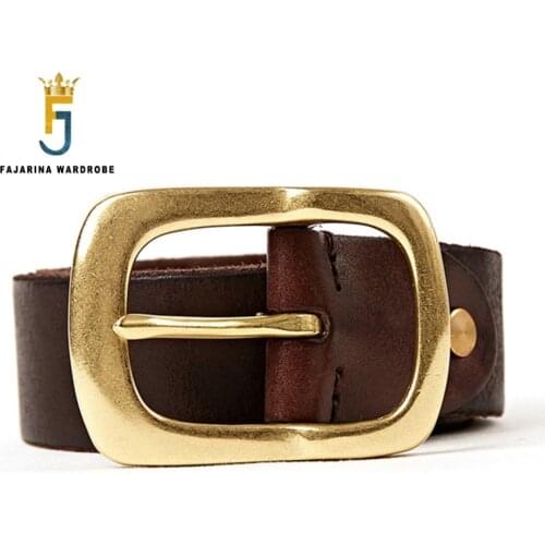 FAJARINA Quality Brass Pin Buckle Metal Retro Belt Handmake Striped Pattern Cowskin Leather Accessories Belts for Men N17FJ316
