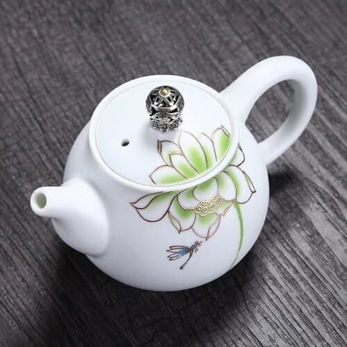 Ceramic Teapot Chinese Tea Set Color Enamel Lotus 200ml Tea Pot for Puer Household White Porcelain Jingdezhen Teaware Drinkware