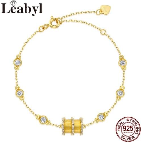 Leabyl Classic White CZ Gold Color Charm Bracelet 100% 925 Sterling Silver Free Size Bracelet for Women Lovers Mom Fashion Gift