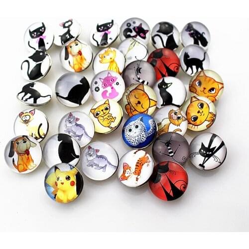 Hot selling 50pcs/lot 18mm glass mix random cute cat snap buttons for snap bracelets bangles charms fit button jewelry