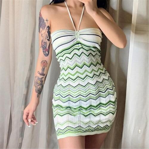 Y2K Halter Neckband Mini Dress Striped Slim Short Sexy Backless Tube Top Tight-fitting Short Dress For Daily Wear Dating