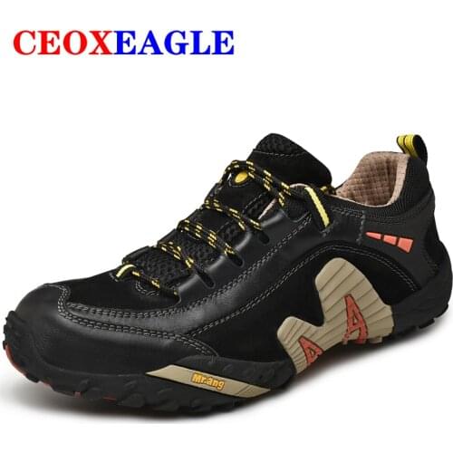 Men Genuine Leather Hiking Shoes Men Waterproof Outdoor Trekking Shoes Breathable Flats Footwear For Men Climbing Zapatos Hombre