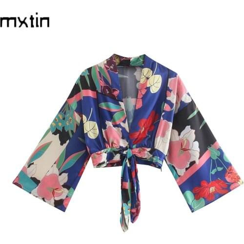 MXTIN 2021 Women Summer Fashion Floral Print Cropped Blouses Vintage V-Neck Long Sleeve Bow Tie Female Shirts Blusas Chic Tops