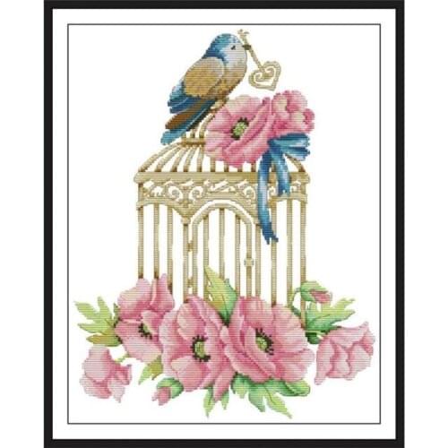Joy Sunday Bird cage and flower cross stitch kits counted pattern Printed Chinese embroidery needlework decorations for home Set
