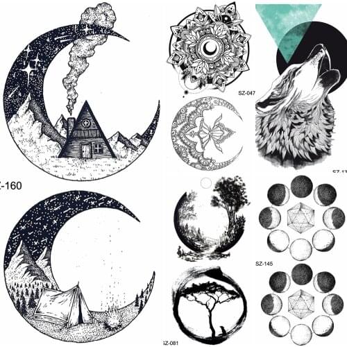 FANRUI Fake 3D Tattoos Temporary Women Body Art Ear Moon Tattoo Stickers Camping Smoking Hill Water Transfer Tatoos Men Creative