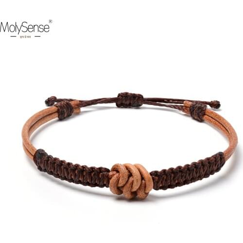 MolySense Handmade Waterproof Wax Thread Lucky Rope Real Leather KnotBracelet & Bangles For Women Men Woven Macrame Bracelets