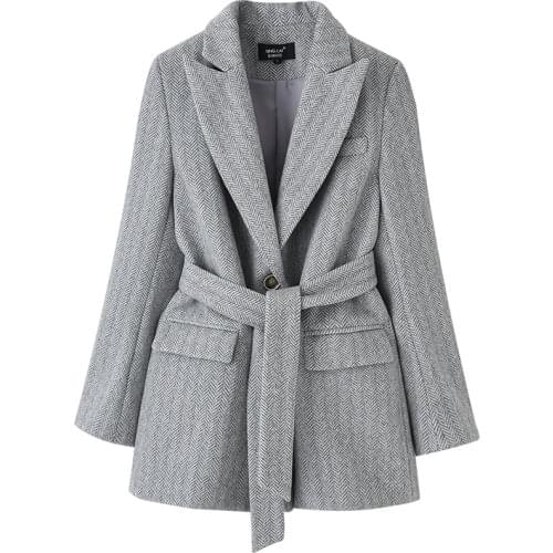 Casual Retro Herringbone Pattern Woolen Suit Women 2021 Autumn Winter Blazer Jackets New Lace Mid-length Wool Coat 65a