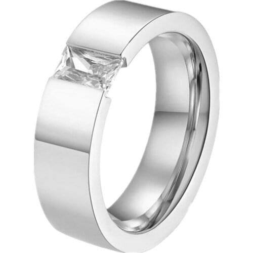 QianBei 6mm Silver Color Stainless Steel Rings Luxury Square CZ Zircon Ring for Men Women Engagement Anniversary USA Size 7-11