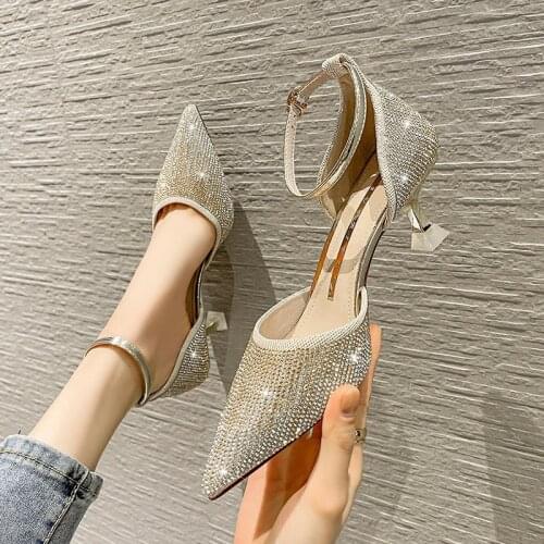 Sandals Night Fashion Rhinestone Ladies Wind Hollow High-heeled Shoes Womens Pointed Fine Married Bridesmaids Shallow Shoes