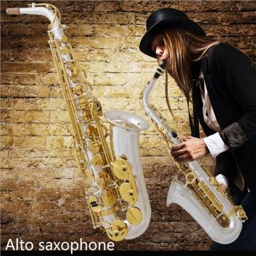 Silver Golden Eb Alto Saxophone Sax Brass Body White Shell Keys Woodwind Instrument with Carry Case Gloves Sax Neck Straps