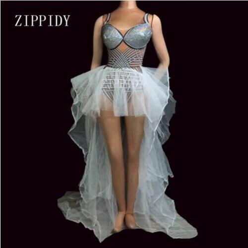 Mesh White Trains Long Nightclub Party Singer Costume Dress Performance Stretch Dance Dress Birthday Celebrate Outfit
