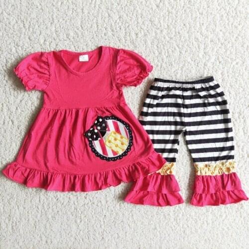 Back to school baby girl puff sleeve pencil embroidery pattern red blouse striped red lace pants girl boutique clothing