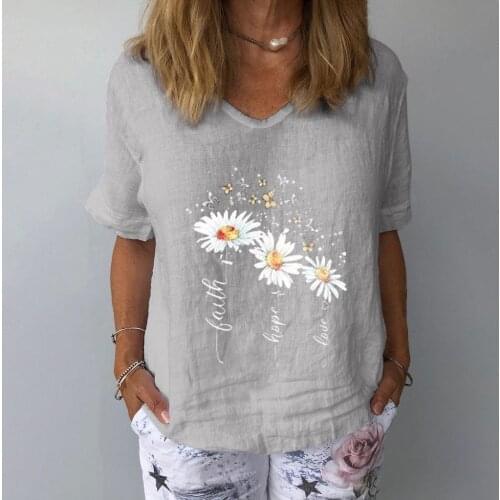 Plus Size T-shirt Womens Casual Floral Print Cotton Linen O-neck Short Sleeves T-shirt Tops Vintage femme t-shirts футболка